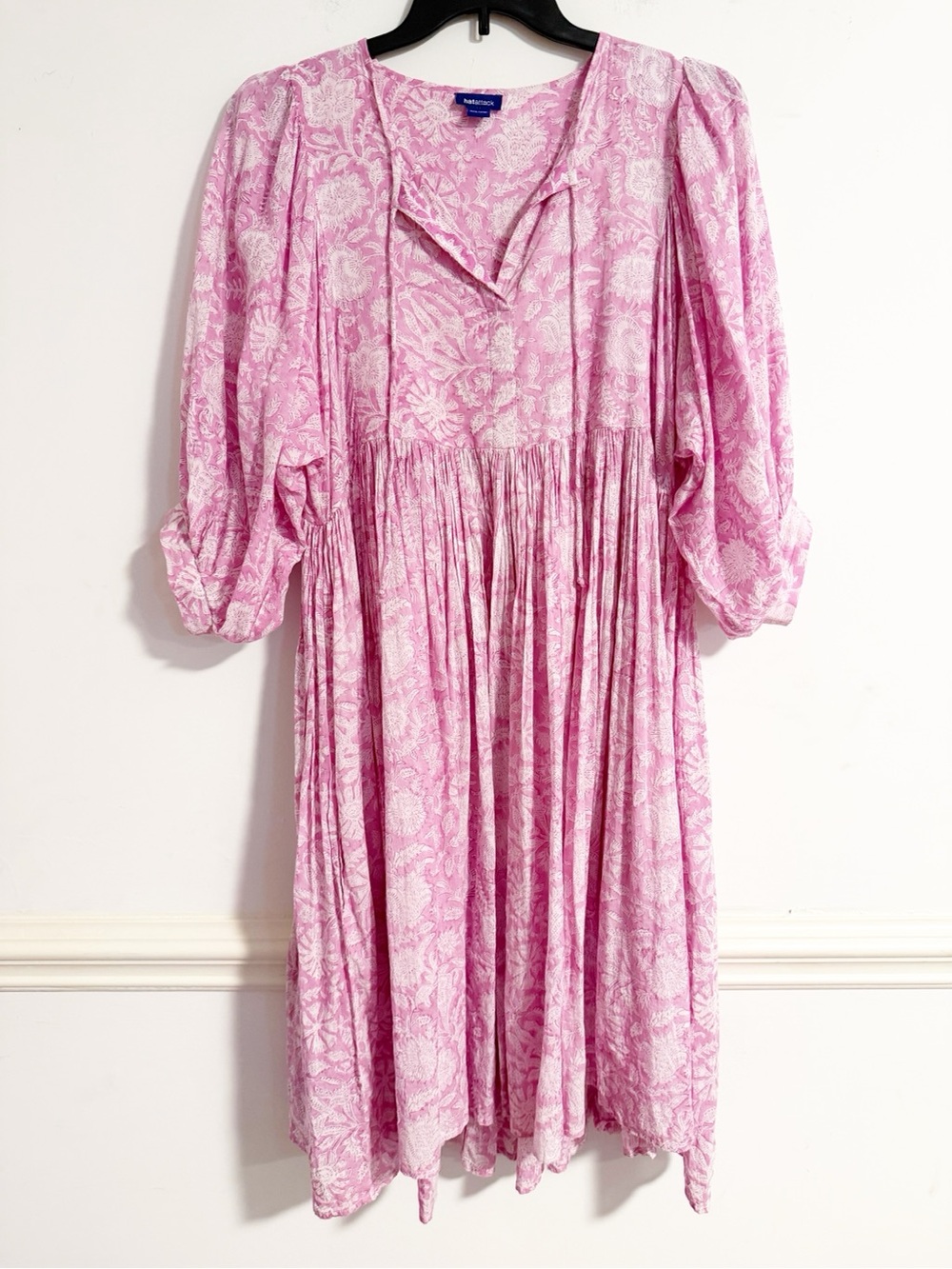 Hat Attack Pink Floral Cotton Midi Dress Puff Sleeve Cottagecore One Size OS